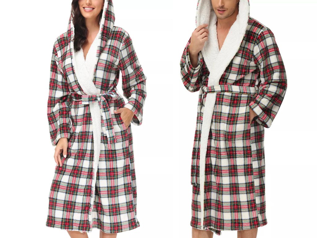 man and woman wearing martha stewart plaid robes