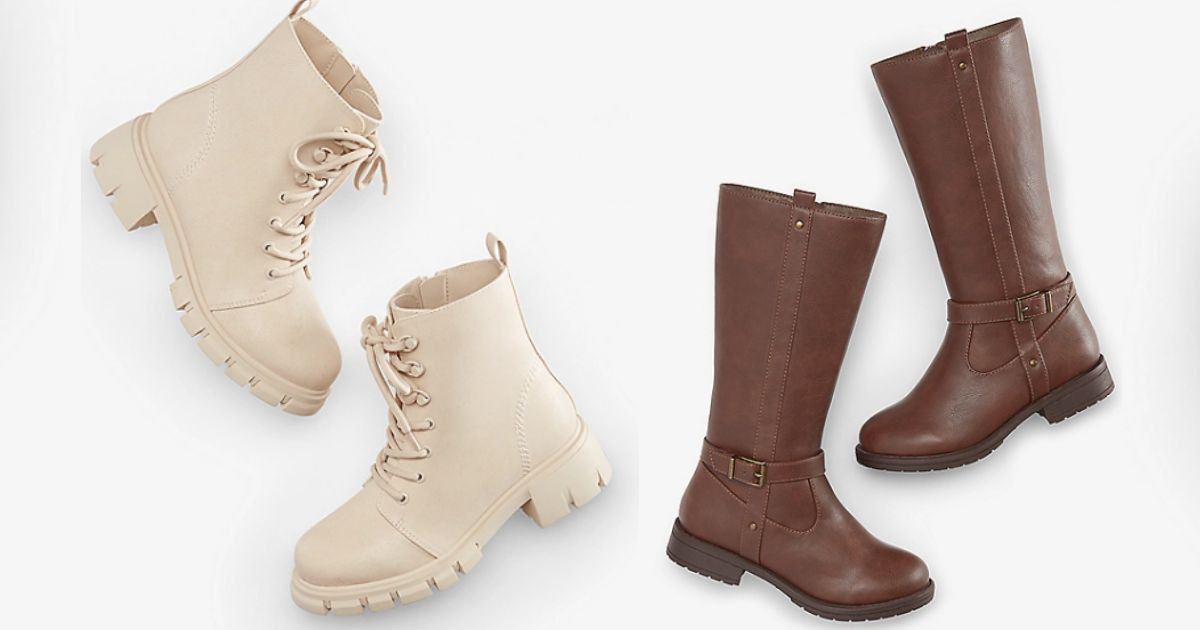 girls tan combat lug boots and brown tall boots