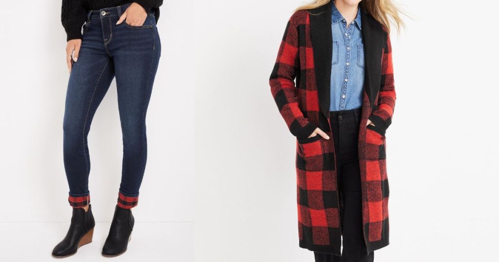 woman wearing a pair of jeans and boots next to a woman in a plaid cardigan