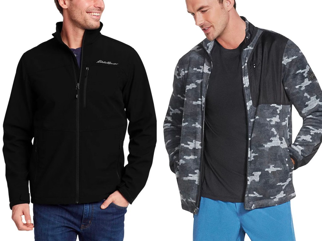 two men wearing black eddie bauer jacket and gray camo sketchers jacket 