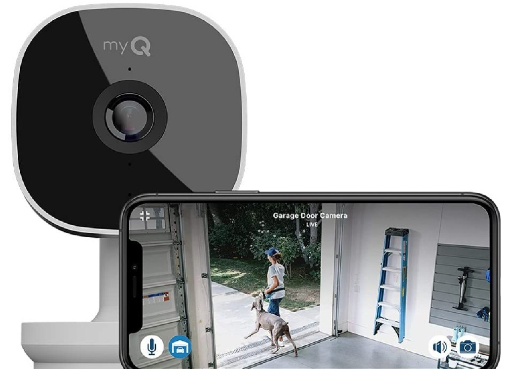 myQ smart garage camera near phone with view of garage