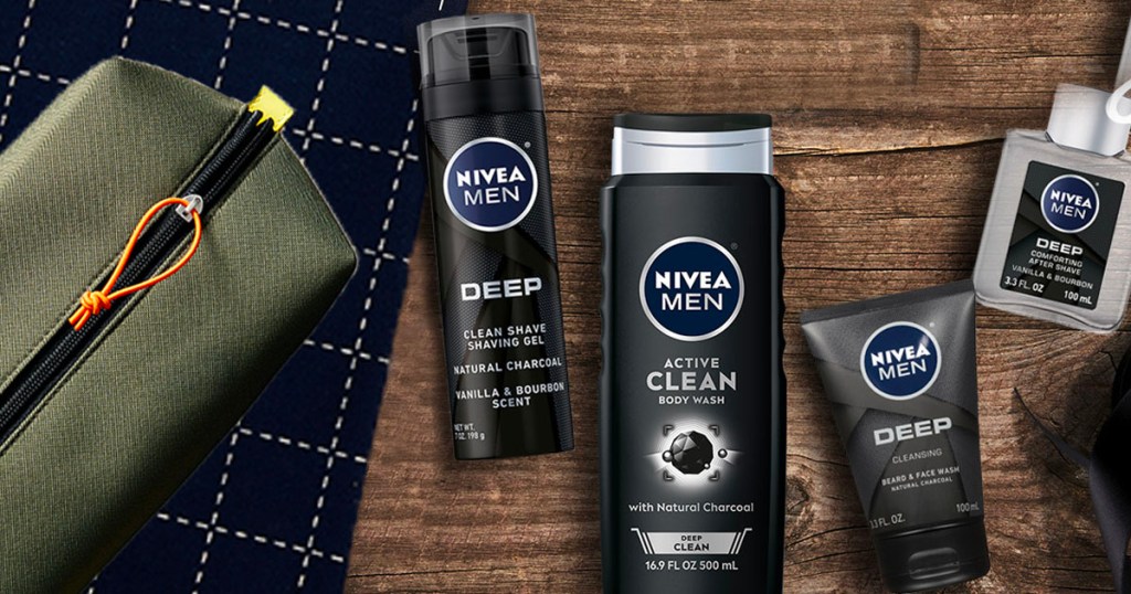 nivea deep clean comfort kit bag, shaving cream, body wash, and more
