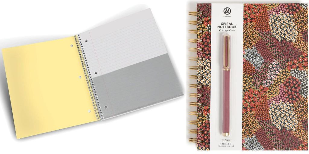 spiral notebook opened and colorfor pritned notebook with matching pen