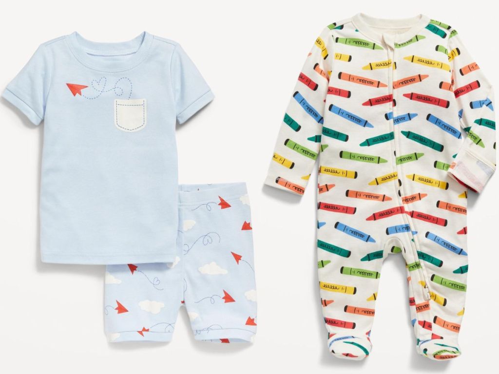 baby graphic pajama short sleeve tee and shorts set and baby crayons onsie pjs