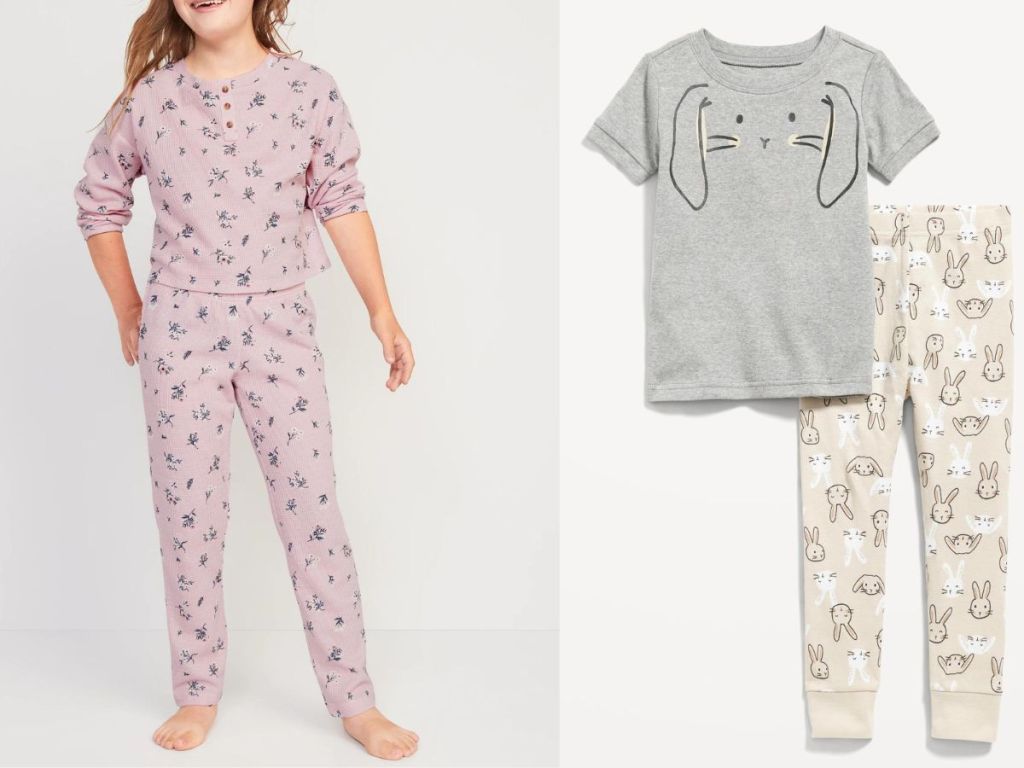 toddler girl wearing floral purple 2 piece pajama set and gray bunny tee and bunny toddler unisex pj set