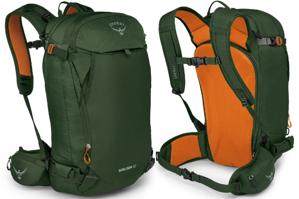 front and back of green backpack 
