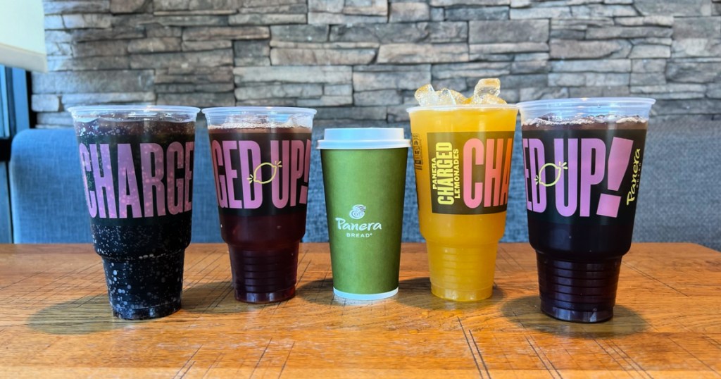 panera beverages in a row on a table
