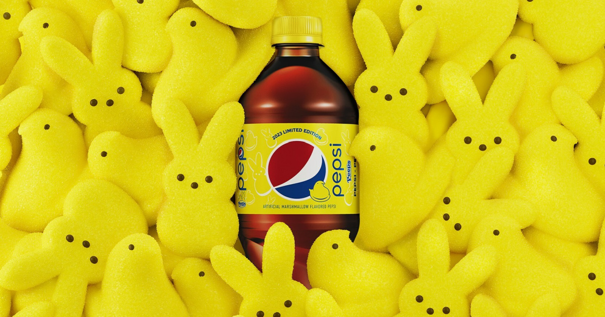 A 20 oz. Pepsi X Peeps bottle surrounded by yellow marshmallow peeps bunnies
