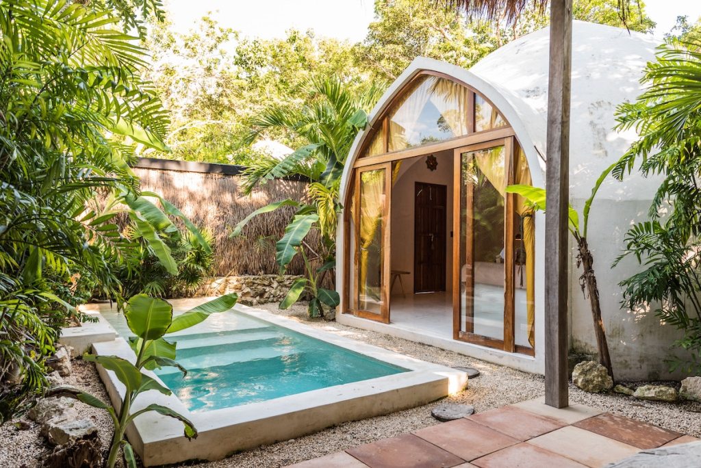 tiny home with airbnb essentials plunge pool and lots of mature plants surrounding yard