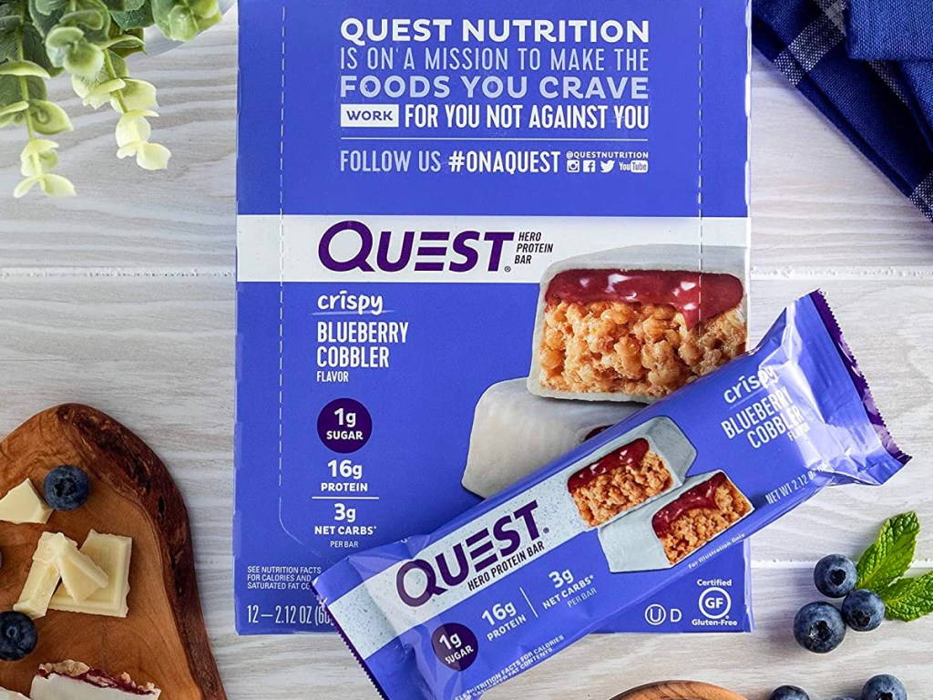 quest blueberry bar box with bar sitting on top