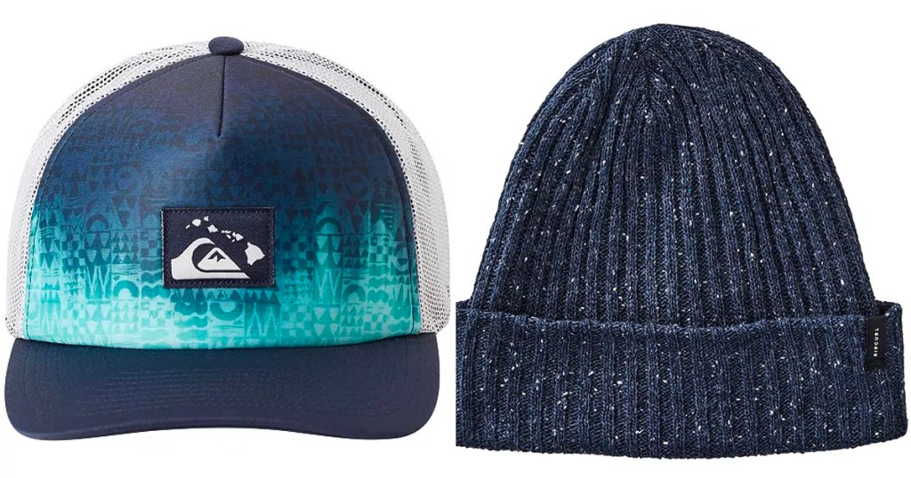 stock image of blue ombre quicksilver hat and navy blue rip curl beanie