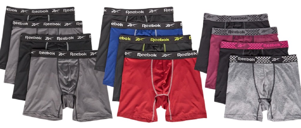 three side by side stock images of pairs of various colors of reebok boxers layered on top of each other