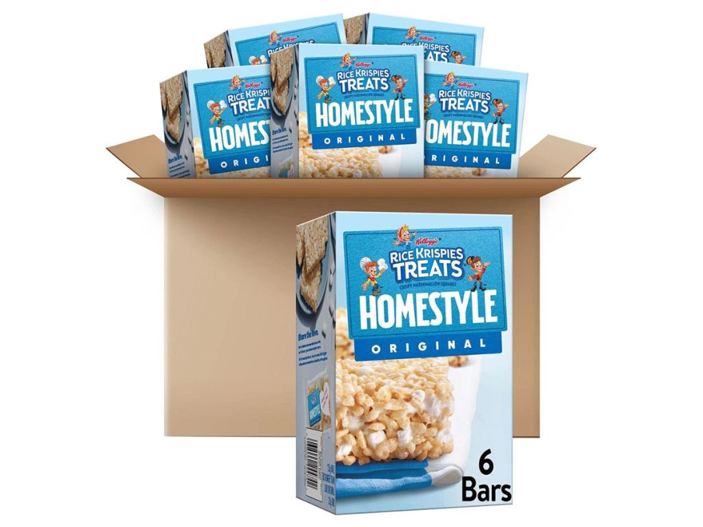 box filled with Kellogg's Rice Krispies Homestyle Treats Snack Bars boxes and one outside of the box