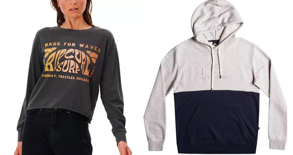 women wearing rip curl top and gray and black quicksilver hoodie