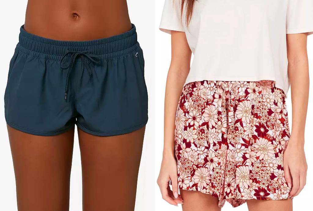women wearing gray O'neil and pink flower rip curl shorts