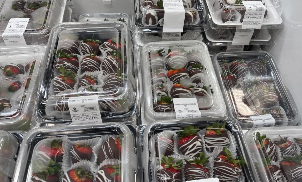 packages of sams club chocolate covered strawberries in a cooler case