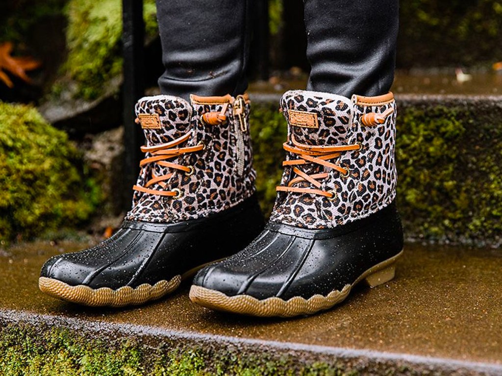 sperry animal print boots on steps