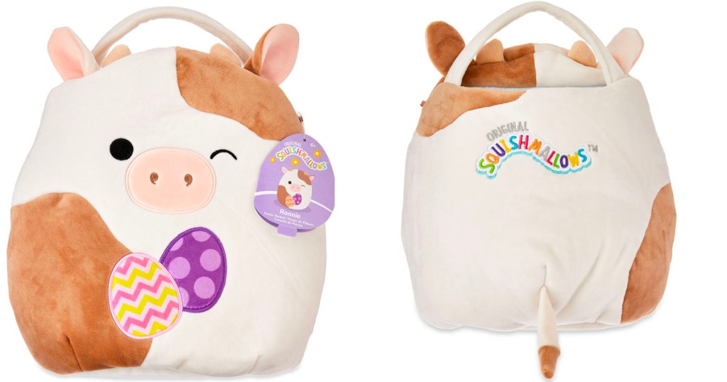 ronnie cow squishmallow easter basket front and back stock image