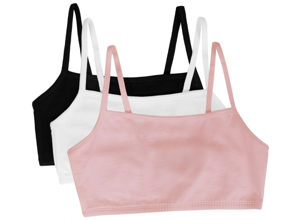 two stock images of Fruit of the Loom Women's Cotton Spaghetti Pullover Sports Bra 3-Packs with white, grey, black, and pink bras