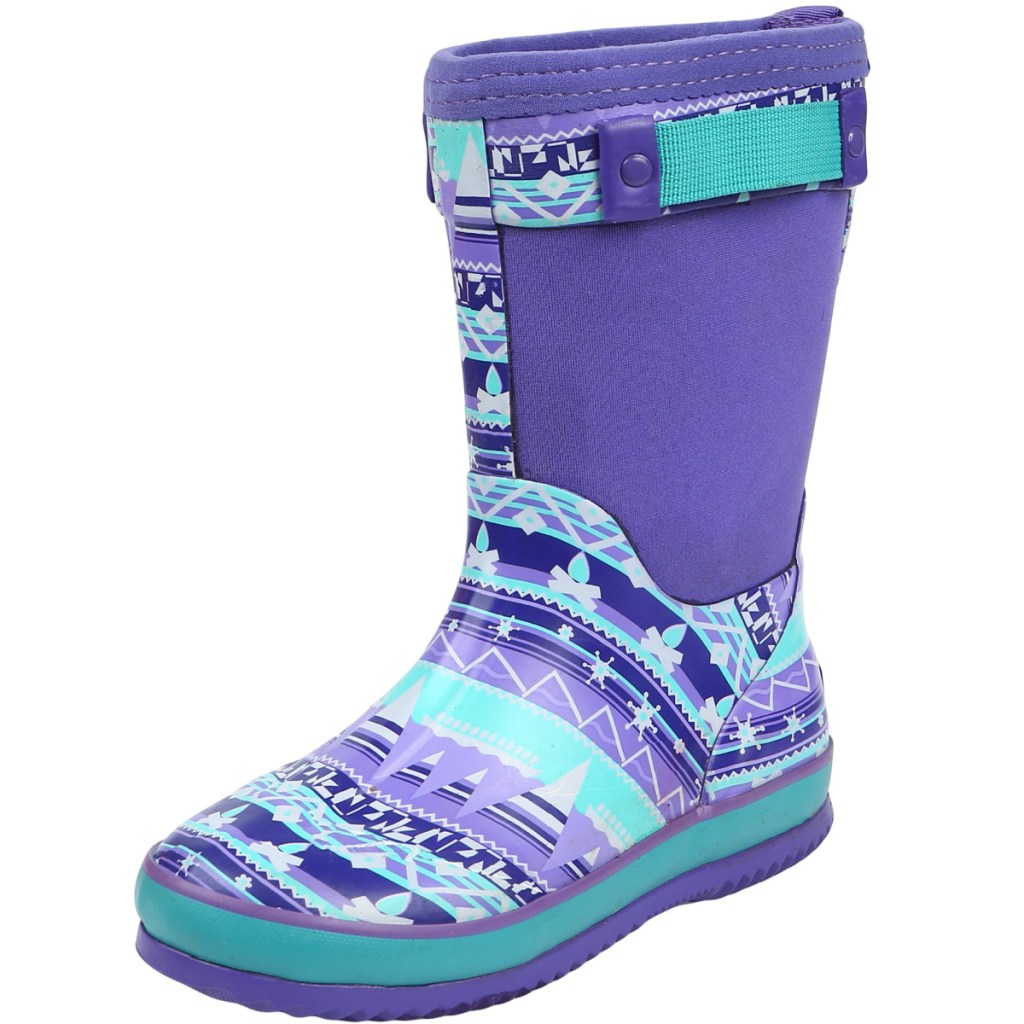 purple and teal winter boots with geo print