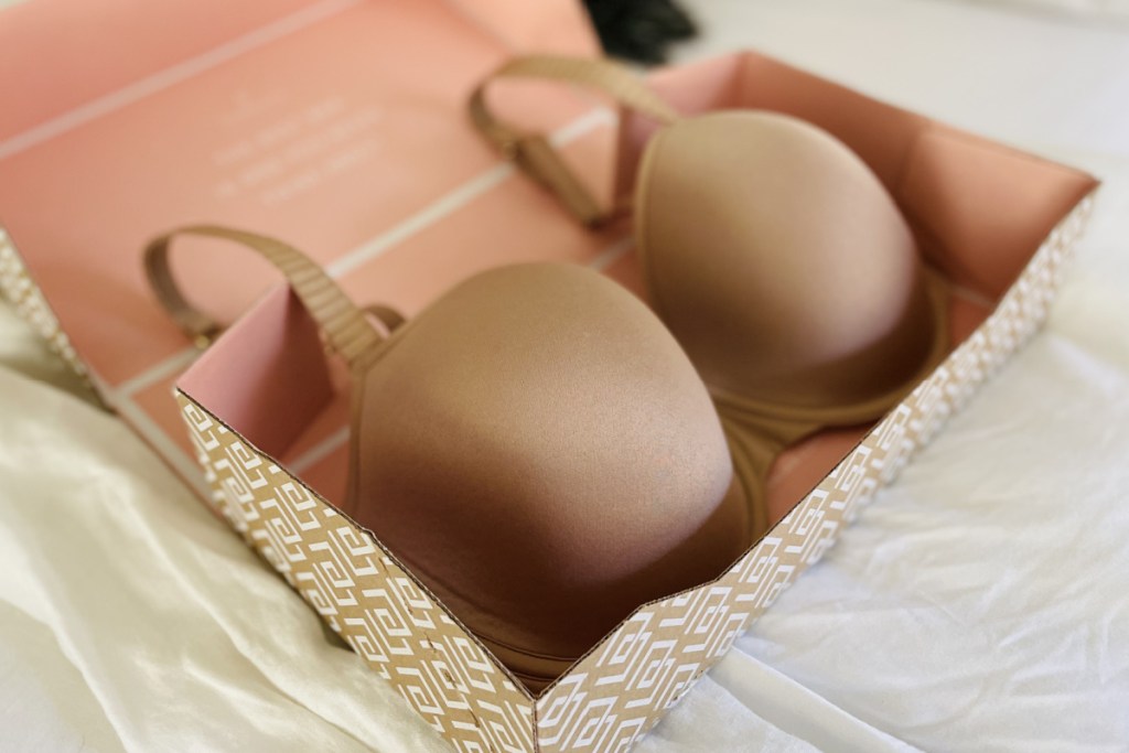 taupe bra in pink box