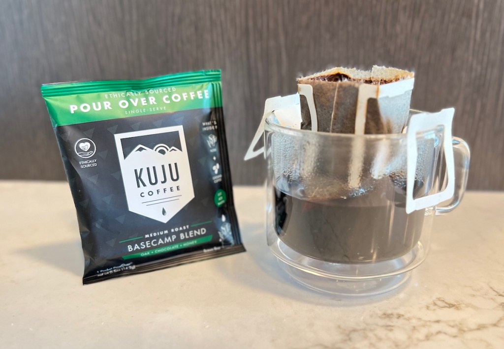 clear mug with travel sized pour over coffee filter