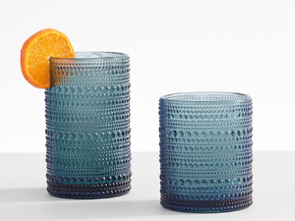 two Jupiter Hobnail Drinking Glasses in blue with orange on one glass