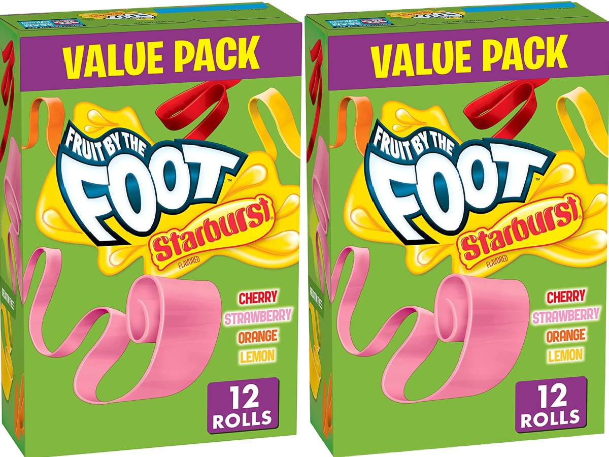 two stock images of Fruit by the Foot, Starburst Flavors Variety Pack, 12 ct