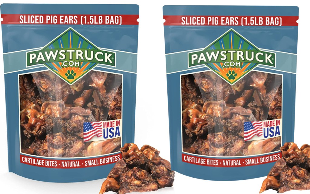 two stock images of Pawstruck Natural Sliced Pig Ears for Dogs 1.5lb Bag