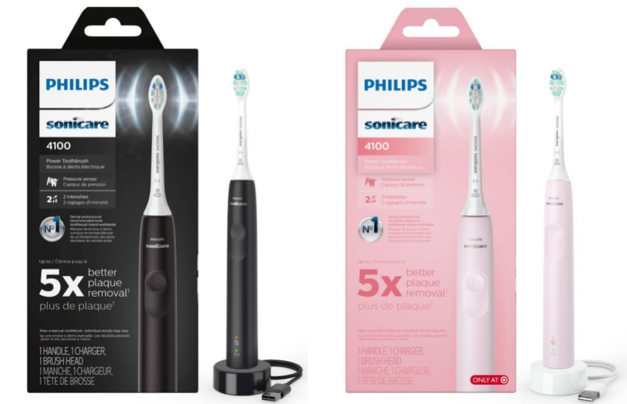 two stock images of Philips Sonicare tooth brushes in black and pink