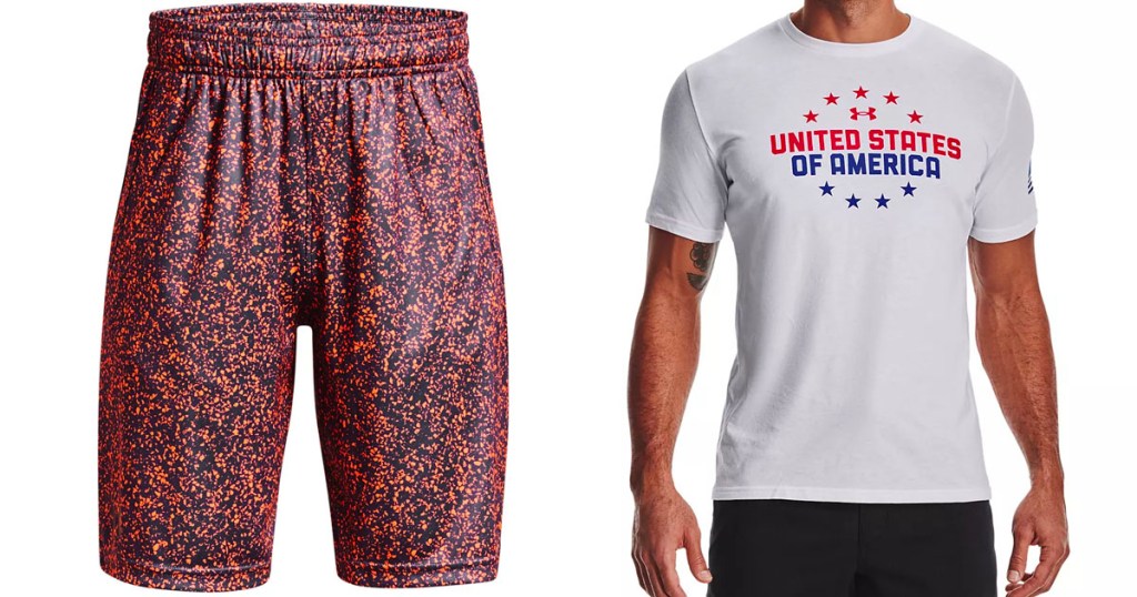 red boys shorts and white usa tee on man