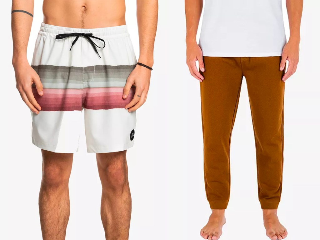 men wearing striped hurley shorts and tan hurley jogger pants