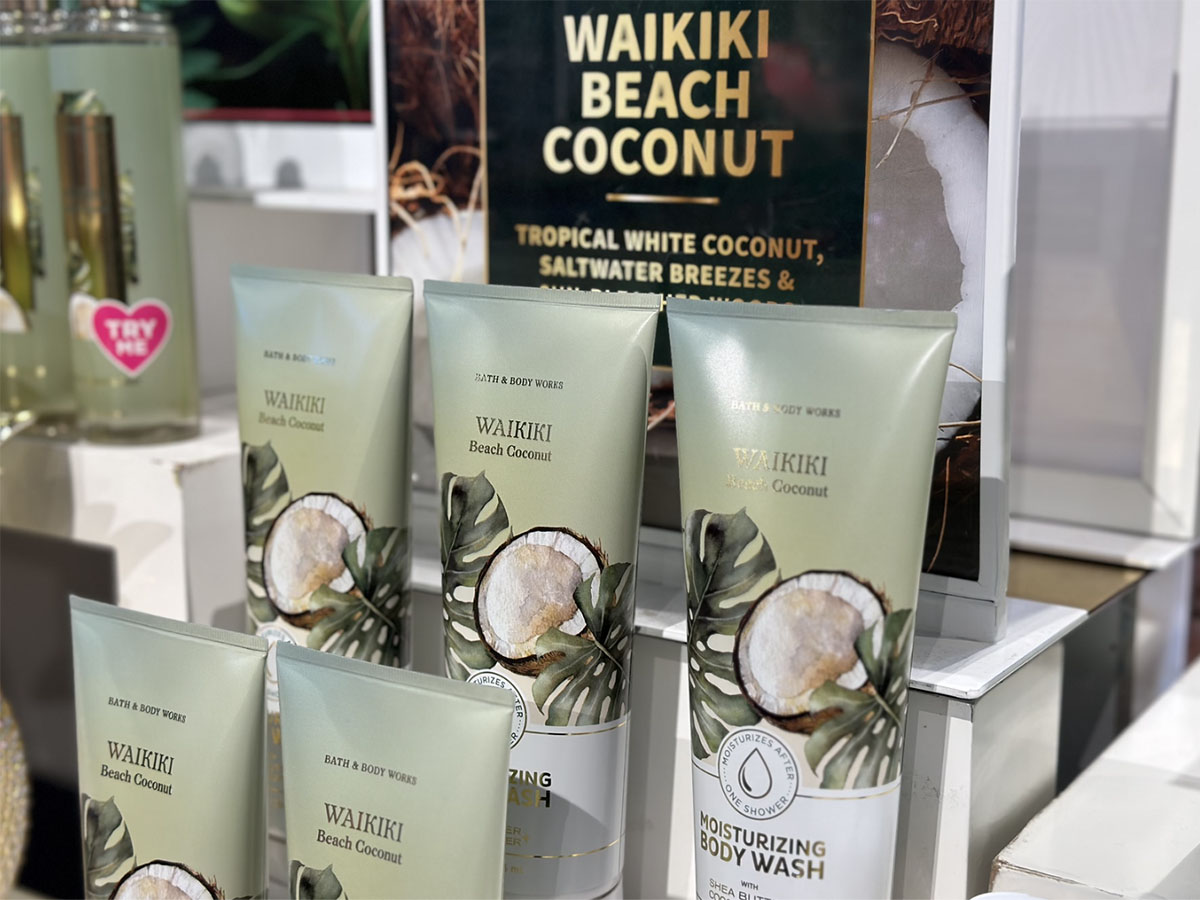 waikiki beach coconut body wash on display in bath and body work store 