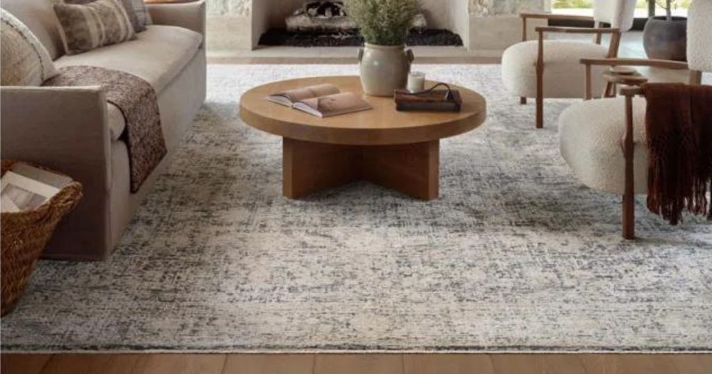 charcoal beige patterned rug on living room floor