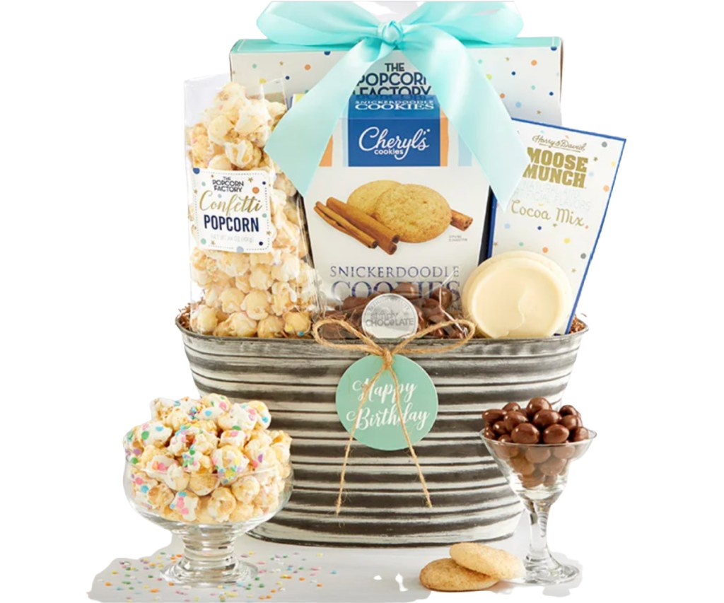 deluxe happy birthday basket with chocolates and popcorn