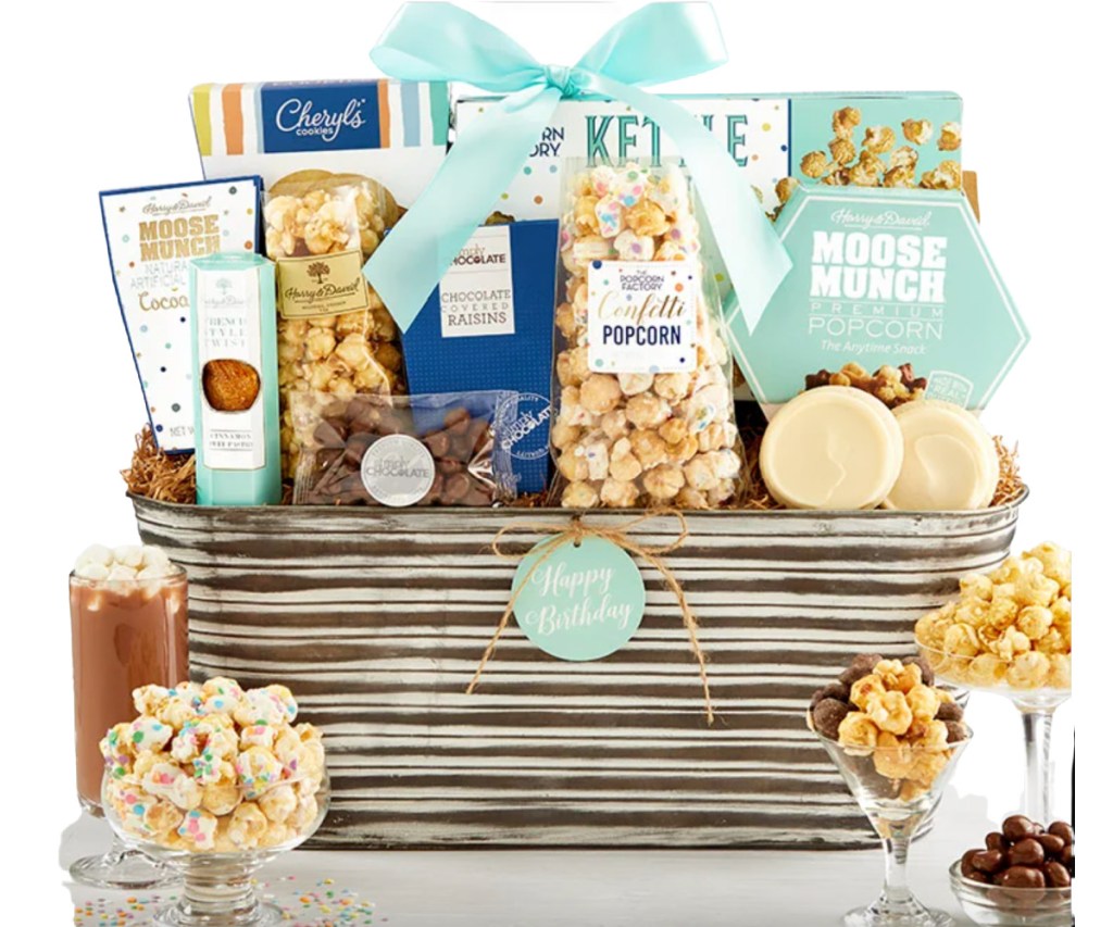 supreme happy birthday basket with chocolates and popcorn
