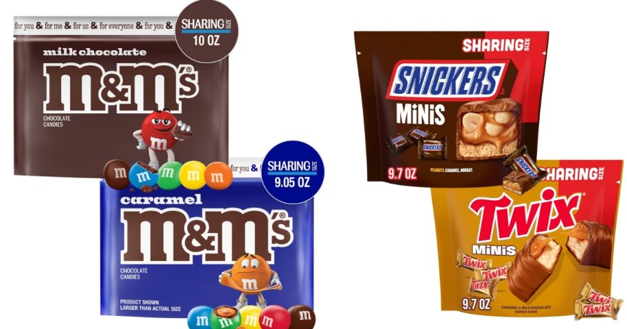 bags of M&M's, Snickers, and Twix mini bars