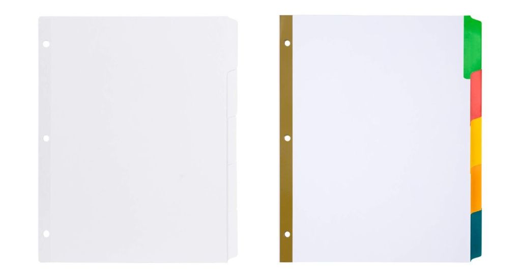 Amazon Basics 5-Tab Paper Binder Dividers, Pack of 6 white and colored tabs