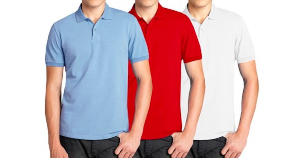3- pack mens polos in light blue, red and white