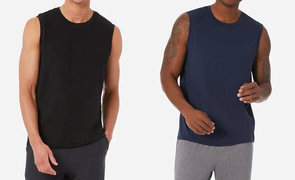 two men in black and blue sleep tanks