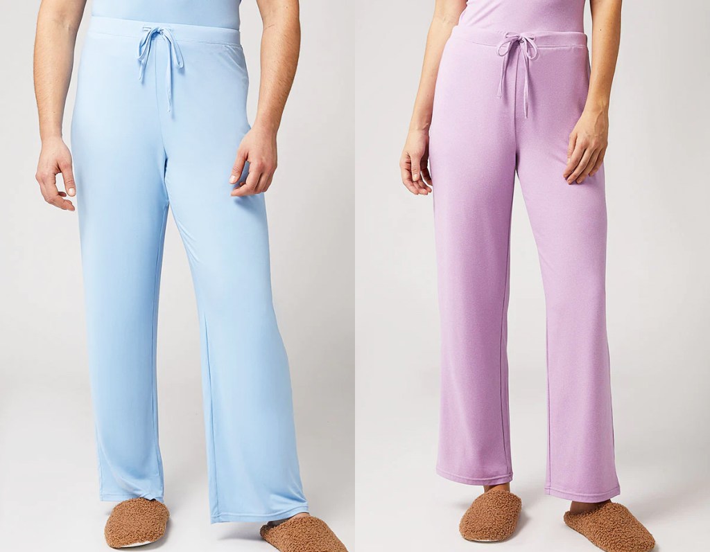 two women in light blue and purple sleep pants