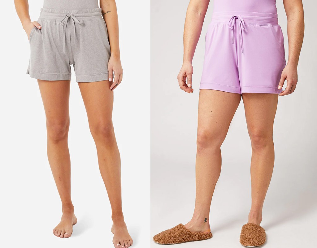 two women in grey and light purple sleep shorts