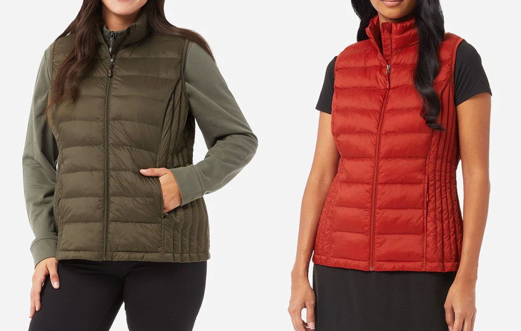 two women modeling packable vests