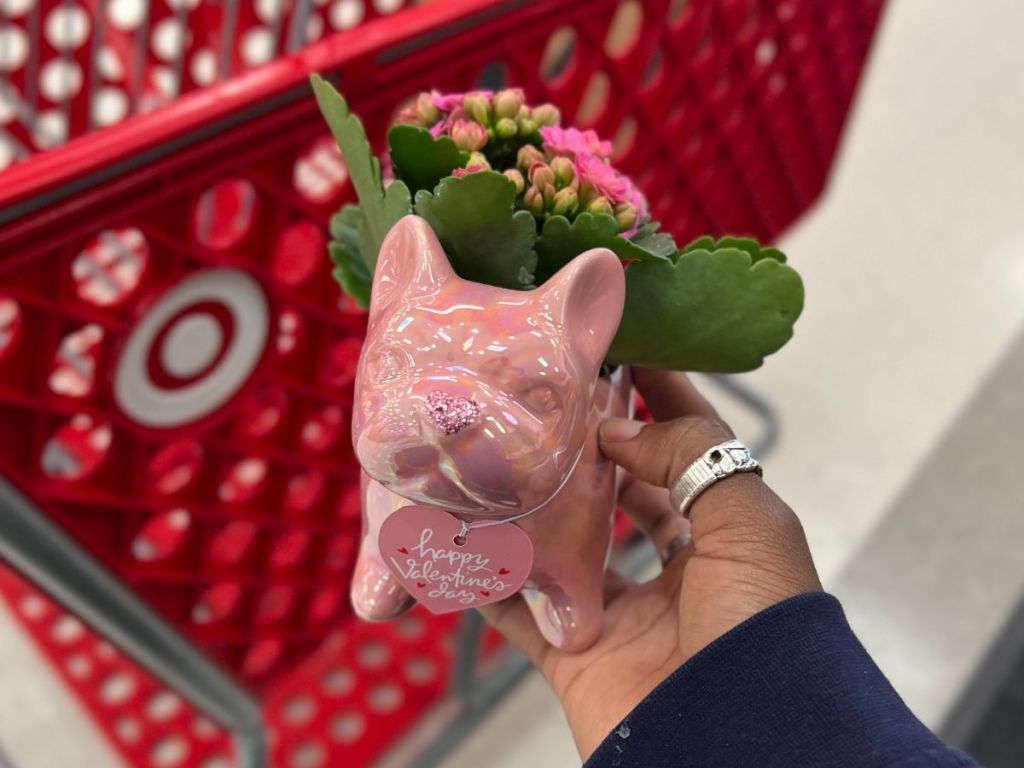 woman's hand holding a pink ceramic Frenchie Flower Planter at Target with a Target cart in the background