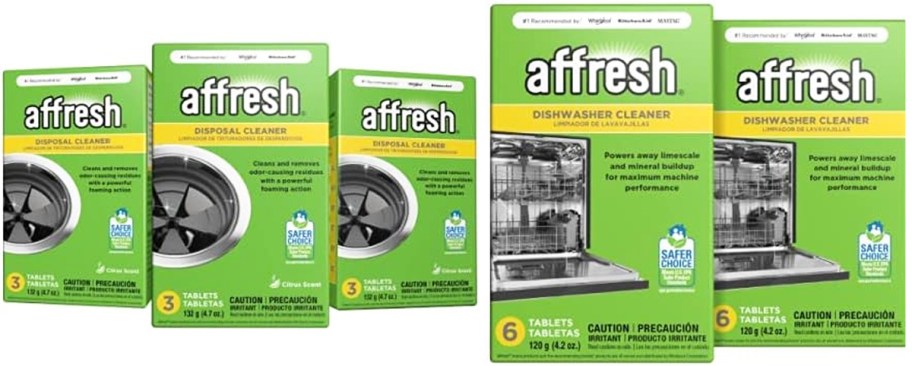 green boxes of Affresh Garbage Disposal Cleaner and Dishwasher Tablets