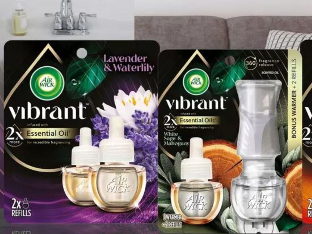 Two packages of Airwaick Vibrant Air Fresheners refills and starter kit on counter top