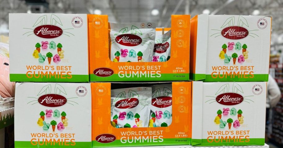 Boxes filled with the best gummies ever- Albanese Easter Gummies at Costco