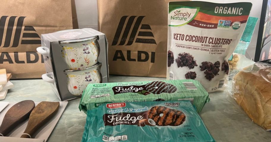 Aldi Products laid out in front of an ALDI paper shopping bag