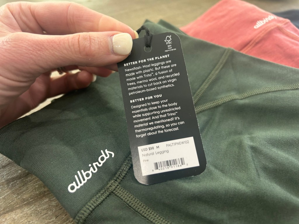 Allbirds Green Leggings with attached price tag showing $98 regular price