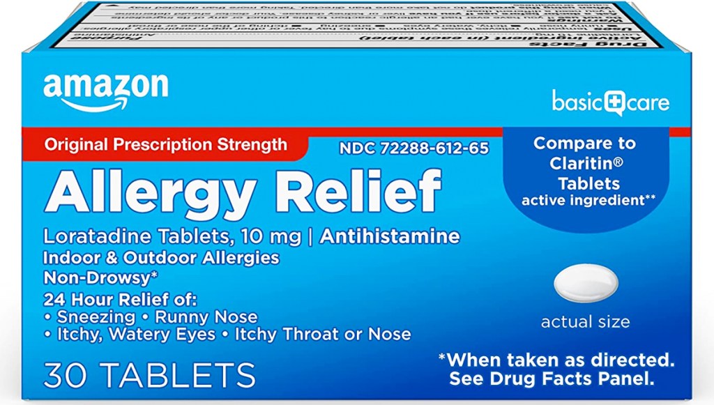 blue box of Amazon Basic Care Allergy Relief